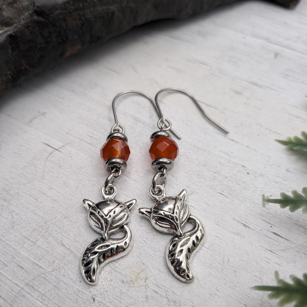 Beaded Fox Dangle Earrings with Orange Beads - Picture 2 of 4